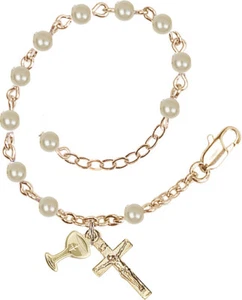 First Communion Imitation Pearl Rosary Bracelet w/ Chalice & Crucifix Gold Plate - Picture 1 of 1