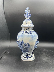 Jarrón/tarro vintage azul Delft pintado a mano con tapa~ 11,5"/29 cm de alto~ firmado - Imagen 1 de 12