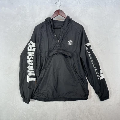 Jaqueta HUF Thrasher Masculina Média Preta Com Capuz Anorak Windbreaker Pulôver Skate - Imagem 1 de 4