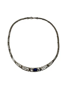 Greek Key design Sterling silver blue stone cabochon vintage choker necklace - Picture 1 of 18