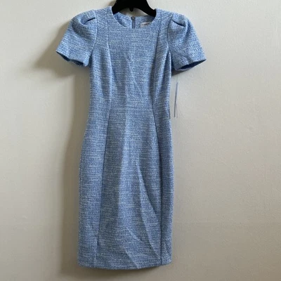 Calvin Klein Women’s Petite Tweed Short Sleeves Sheath Dress 0P Blue White - Image 1 of 3