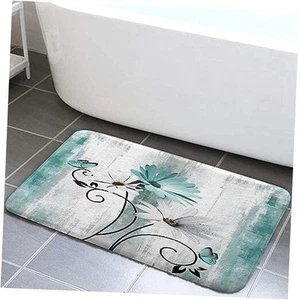 Rustic Farmhouse Bath Mat, Farm Teal Daisy Floral Flowers Butterfly Country - Picture 1 of 8