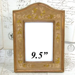Antique French 9.5" Picture Frame, Gilt Brass or Bronze with Silk Embroidery Mat - Picture 1 of 11