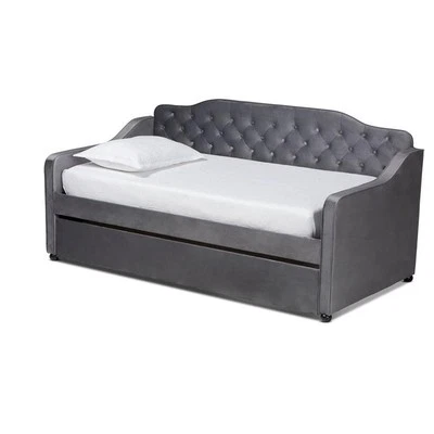 Bowery Hill Traditional Velvet Twin Size Button Tufted Daybed w/ Trundle in Gray - Image 1 of 4