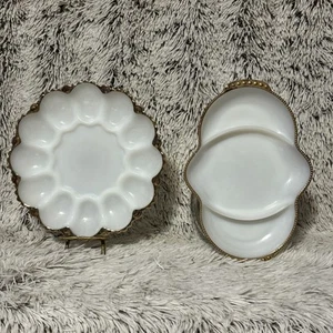 Lot of 2 Anchor Hocking Fire King Milk Glass Deviled Egg Gold Trim + Relish Tray - Picture 1 of 5