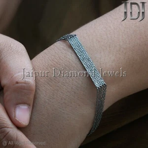 Natural Pave Diamond 925 Sterling Silver Jewelry Bar Charm Bracelet Gift Jewelry - Picture 1 of 11