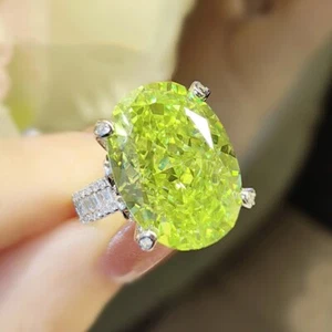 New 18mm Ice Flower Cut High Carbon Apple Green Citrine Gems Women Silver Ring - Picture 1 of 8