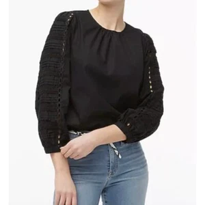 J. Crew Cotton Poplin Puff Long Sleeve Top Eyelet Blouse Black Boho XXL NWT - Picture 1 of 13