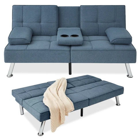 Modern Linen Convertible Futon Sofa Bed w/ Removable Armrests Cover