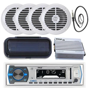 Pyle Marine Boat MP3 USB AM/FM Stereo, 4 X 6.5" Speakers, 4-Channel Amp, Cover - Picture 1 of 7