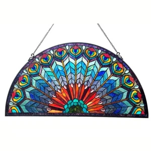 Tiffany-Style Stained Glass Peacock Feather Window Panel Suncatcher , 35" x 18 - Picture 1 of 5