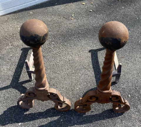 Antique large 20”H  20”D  11”W  Cast Iron Fireplace Andirons log dogs Ball Top Cover