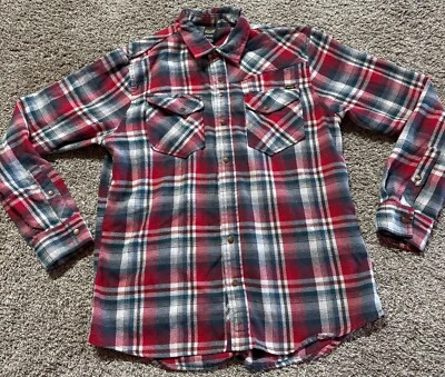 Volcom Workwear Mens Flannel Shirt Metal Snap Size Medium Plaid Red Long Sleeve  - Image 1 of 4