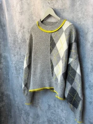 Pringle of Scotland x H&M Argyle Knit Sweater Gray Yellow L Oversized Pullover - Image 1 of 4