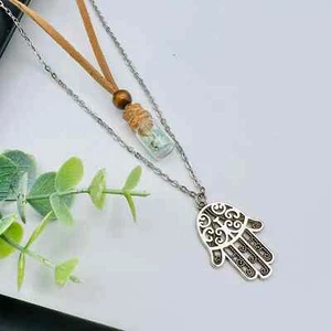 Handmade Boho Layered Necklace, Silver Hamsa Hand Amazonite Crystals Glass Jar - Picture 1 of 7
