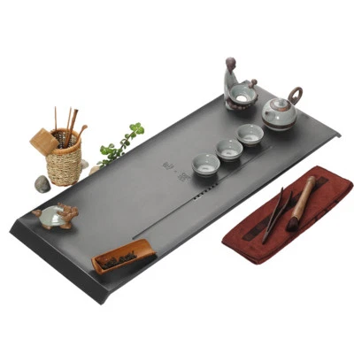 Complete Stone Weighted Tea Tray Chinese Words Carved Black Stone Tea Table Big - Image 1 of 4