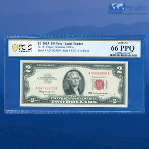Fr.1513 1963 $2 Two Dollars Legal Tender Note Red Seal, PCGS GEM 66 PPQ #92950 - Picture 1 of 2
