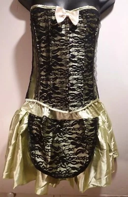 Nuevo corsé y falda de criada Bustier para mujer verde satén negro encaje burlesque XL Foto 1 de 4