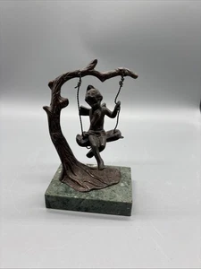 Bronze Fairy on a Tree Swing by Auguste Moreau Green Marble Base 6.5 inch H - Picture 1 of 5