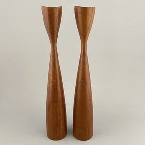Vintage Danish Turned Teak Wood Tulip Candlesticks MCM 11" Set of 2 - Picture 1 of 24