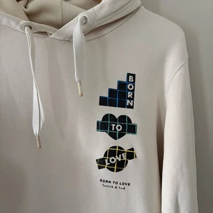 Scotch & Soda Born to Love Unisex Organic Cotton Hooded Sweatshirt Cream Sz L - Picture 1 of 13