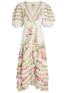 ๐$298 FARM RIO SZ MEDIUM DREAM PINK FLORAL RUFFLED TIERED WRAP MIDI DRESS - Picture 1 of 5
