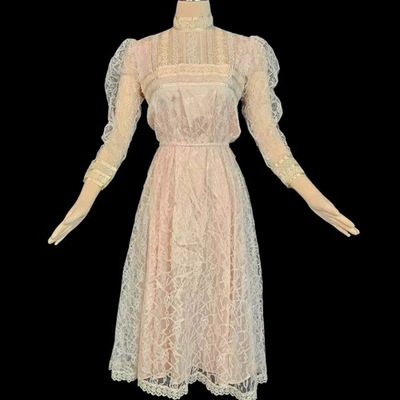 Vintage 1980s Gunne Sax Dress High Neckline Pale Petal Pink, Lace Overlay Satin  - Image 1 of 4