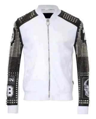 Новый Philipp плен белый полный серебро с заклепками вышивка нашивки кожаная куртка - Изображение 1 из 4