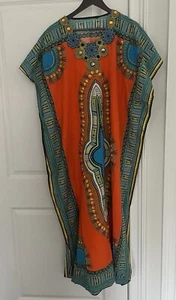 Women Caftan Dress Tribal African print embroidered orange v-neck sz. M/L NWOT - Picture 1 of 9