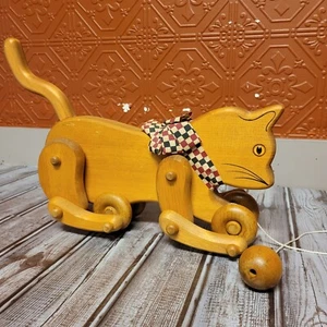 Wooden Cat Toy Primative Pull string 11" long Plastic Eyes Bow Tie Easy Roll - Picture 1 of 7