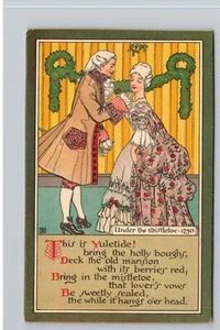 Christmas Colonial Couple Under the Mistletoe 1750 E. Nister Postcard c1915 - Picture 1 of 2