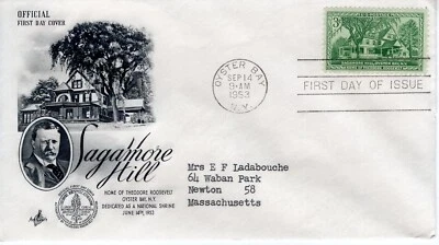 USPS Sagamore Hill Teddy Roosevelt 1953 3 c #1023 FDC Artcraft dirigido ST3427 Foto 1 de 3