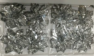 NEW SPARKLE GLITTER POINSETTIA 3.75" ORNAMENT FLORAL DECOR 2 PACK SILVER - Picture 1 of 1