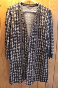 MISOOK SZ L BLACK W/ WHITE & TAN TUNIC LENGTH ONE BUTTON OPEN FRONT TOPPER COAT - Picture 1 of 7