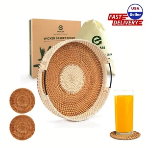 Decorative Coffee Table Tea Rattan Tray Woven Wicker Ottoman Round Fruits Basket - Picture 1 of 7