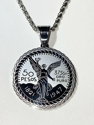 Mexican Peso Coin Pendant Necklace - 50 Pesos, 16-24 Inch Chain Skin-Friendly - Image 1 of 4