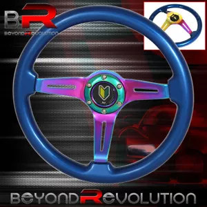 Universal Deep Dish Blue Neo Chrome Center Steering Wheel Frame Wakaba Button - Picture 1 of 4
