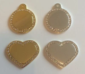 Engraved Pet ID Tag - Large Silver / Gold Disc, Heart, Bone with Diamantes - Picture 1 of 6