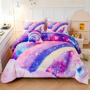6 Pcs Tie Dye Pink Twin Comforter Set for Girls, 3D Rainbow Galaxy Gradient Them - Picture 1 of 9