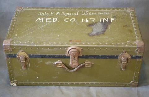 VTG WWII US Military Trunk Footlocker Chest Luggage National Vulcanized Fibre Co Cover