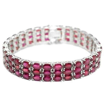 6X4 MM Natural Pink Ruby Gemstone 925 Sterling Silver Three Line Tennis Bracelet - Image 1 of 4