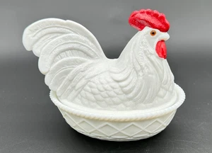 Vintage Westmoreland weiß Milchglas Hahn Henne auf Nest Schale Schüssel ~ Glasaugen - Bild 1 von 12