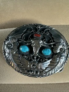 Vintage Türkis & Koralle Silber SST 88 Indianer Steer Gürtelschnalle - Bild 1 von 4