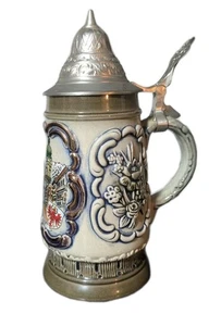 Tapa de peltre pintada a mano original King Beer Stein Austria hecha a mano - Imagen 1 de 7
