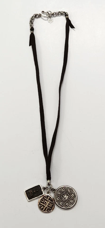 Lucky Brand подвеска ожерелье двусторонний серебристый азиатские символы замшевый шнур - Изображение 1 из 4