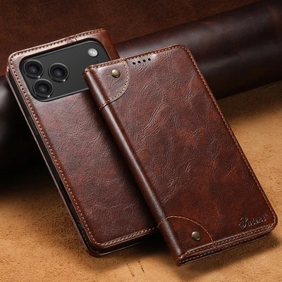 Retro PU Leather Flip Wallet Case Cover For iPhone 17 Pro Max 16 15 14 13 12 11 - Image 1 of 4