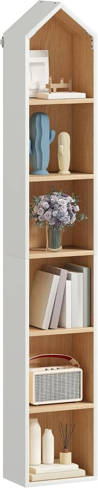 Tall Narrow House-Shaped 6-Tier Corner Bookshelf Space-Saving Display Unit White - Image 1 of 4