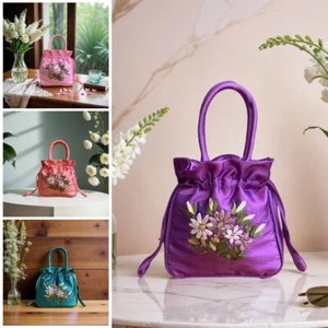 Ethnic Style Flower Handmade Embroidery Canvas Tote Satin Stora Bag Handbag R7B6 - Picture 1 of 28