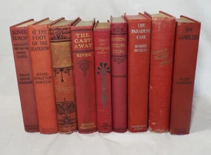 9 ASSORTED VARIETY Old ANTIQUE BOOKS Red Cover Gilt Decorative Library Shelf - Picture 1 of 13