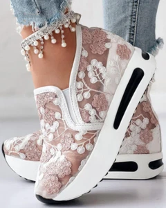 Chaussure femme fleurs dentelle brodé compensée blanche stylé rose été Baskets - Foto 1 di 13